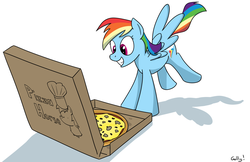 Size: 2668x1732 | Tagged: safe, artist:rapidstrike, rainbow dash, g4, eyes on the prize, female, food, pizza, pizza box, smiling, solo, spread wings, that pony sure does love pizza