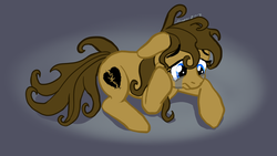 Size: 1024x576 | Tagged: safe, artist:snapai, oc, oc only, oc:heartbreak, earth pony, pony, blue eyes, branding, crying, female, heart, human in equestria, human to pony, lying, lying down, male to female, mare, messy mane, my little heartbreak, rule 63, solo