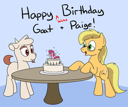 Size: 2347x1957 | Tagged: safe, artist:rapidstrike, pinkie pie, oc, oc:goatmod, oc:paige, goat, g4, birthday, birthday cake, cake, food, micro