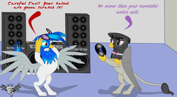 Size: 1294x713 | Tagged: safe, artist:wingwind, dj pon-3, octavia melody, vinyl scratch, griffon, g4, bipedal, female, griffonized, species swap