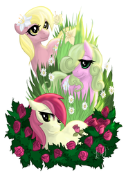 Size: 2040x2756 | Tagged: safe, artist:viperviolist, daisy, flower wishes, lily, lily valley, roseluck, pony, g4, flower, flower trio, rose, trio