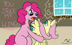 Size: 3122x1978 | Tagged: safe, artist:mysterywhiteflame, fluttershy, pinkie pie, g4, fanart, funny, shaking, talking