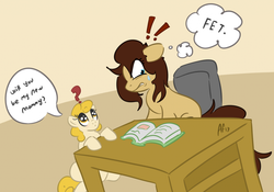 Size: 1024x716 | Tagged: safe, artist:accidentalfox, oc, oc only, oc:cream puff, oc:heartbreak, earth pony, pony, blue eyes, book, desk, dialogue, duo, exclamation point, female, filly, human in equestria, human to pony, male to female, mare, messy mane, my little heartbreak, orange eyes, question, question mark, rule 63