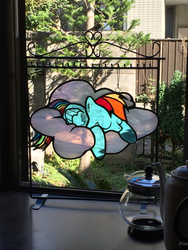 Size: 2428x3236 | Tagged: safe, artist:mekab-hiro, rainbow dash, g4, cloud, craft, high res, irl, photo, sleeping, sleepydash, stained glass, stained glass (irl)