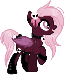 Size: 374x431 | Tagged: safe, artist:bloddybank12, oc, oc only, bat pony, pony, adoptable, choker, ear piercing, earring, goth, hair accessory, jewelry, necklace, open mouth, piercing, raised hoof, simple background, skull, smiling, solo, spiked choker, transparent background, wristband