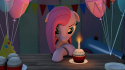 Size: 3840x2160 | Tagged: safe, artist:xppp1n, pinkie pie, earth pony, pony, g4, 3d, balloon, birthday, candle, cupcake, food, forgotten birthday, hat, high res, party, party cannon, party hat, pinkamena diane pie, sad, solo, source filmmaker