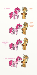 Size: 1419x2835 | Tagged: safe, artist:eulicious, applejack, pinkie pie, g4, made in manehattan, apple, basket, blushing, comic, embarrassed, female, food, implied rarijack, implied shipping, lesbian, shipping, simple background, sweatdrops, wavy mouth