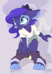 Size: 905x1280 | Tagged: safe, artist:mistydash, princess luna, wolf, anthro, g4, clothes, cute, diaper, female, furry, lunabetes, non-baby in diaper, pants, shirt, solo, species swap, undressing, wolfified, zoom layer