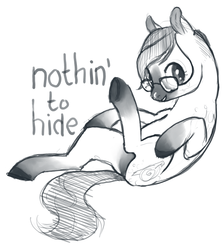 Size: 597x665 | Tagged: safe, artist:spectralunicorn, oc, oc only, oc:crystal snail, earth pony, pony, agender, glasses, looking at you, lying, monochrome, on back, ponysona, raised hoof, simple background, solo, text