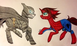 Size: 2856x1724 | Tagged: safe, artist:ameliacostanza, armor, batman, charge, clothes, costume, crossover, dc comics, fight, male, marvel, ponified, slit pupils, spider-man, superhero, torn clothes, traditional art
