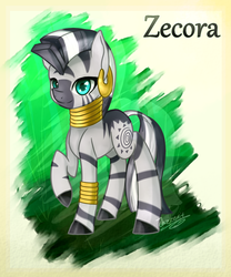 Size: 1778x2137 | Tagged: safe, artist:jazzerix, zecora, zebra, g4, female, gradient background, raised hoof, simple background, solo