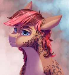 Size: 1024x1099 | Tagged: safe, artist:pessadie, oc, oc only, oc:ducheved, pegasus, pony, blue eyes, bust, leopard print, looking at you, pale belly, red mane, solo, two toned mane