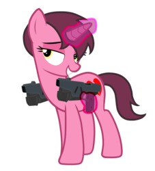 Size: 1024x1128 | Tagged: safe, oc, oc only, oc:strawberry heart, base used, bedroom eyes, grin, gun, levitation, magic, simple background, smiling, solo, telekinesis, transparent background, unreal tournament, vector, weapon