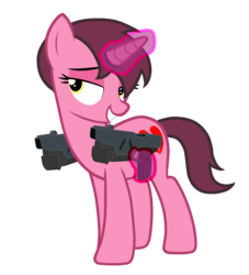 Size: 1024x1128 | Tagged: safe, oc, oc only, oc:strawberry heart, pony, unicorn, base used, bedroom eyes, grin, gun, horn, levitation, magic, simple background, smiling, solo, telekinesis, transparent background, unreal tournament, vector, weapon