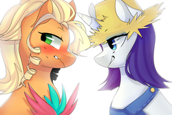Size: 3000x2000 | Tagged: safe, artist:snowillusory, applejack, rarity, g4, simple ways, applejewel, blushing, female, high res, lesbian, looking at each other, looking back, rarihick, ship:rarijack, shipping