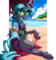 Size: 819x891 | Tagged: safe, artist:kaliptro, queen chrysalis, g4, beach, beach ball, butt, female, plot, solo, towel, umbrella