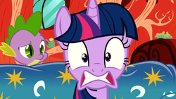 Size: 1066x599 | Tagged: safe, artist:blackgryph0n, screencap, spike, twilight sparkle, g4, bed, caught, embarrassed, frown, gritted teeth, out of context, startled, video, wide eyes, youtube link