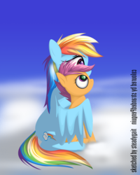 Size: 800x1000 | Tagged: dead source, safe, artist:steadygait, artist:styroponyworks, rainbow dash, scootaloo, pegasus, pony, g4, cloud, colored, female, filly, foal, hug, looking up, mare, on a cloud, scootalove, sitting, sky, spread wings, winghug, wings