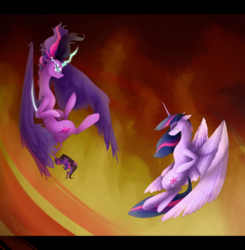Size: 3470x3540 | Tagged: safe, artist:kyuuno-chan, twilight sparkle, alicorn, pony, g4, flying, gritted teeth, high res, midnight sparkle, ponified, self ponidox, twilight sparkle (alicorn)
