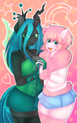 Size: 1024x1629 | Tagged: safe, artist:magicalgirlmayhem, queen chrysalis, oc, oc:fluffle puff, anthro, g4, anthro oc, big breasts, blushing, breasts, busty queen chrysalis, canon x oc, cleavage, clothes, female, holding hands, lesbian, looking at you, open mouth, pleated skirt, ship:chrysipuff, shipping, skirt, socks, thigh highs, watermark, zettai ryouiki