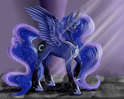 Size: 1000x800 | Tagged: safe, artist:fullmoondagger, princess luna, g4, crepuscular rays, female, solo, spread wings