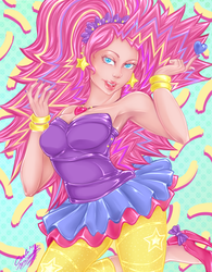 Size: 702x900 | Tagged: dead source, safe, artist:divasaorin, pinkie pie, human, equestria girls, friendship through the ages, g4, 80s hair, armpits, breasts, cleavage, female, human coloration, looking at you, nail polish, new wave pinkie, open mouth, solo