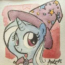 Size: 1080x1080 | Tagged: safe, artist:agnesgarbowska, artist:ramivic, trixie, pony, unicorn, 2016 my little pony fair, my little pony fair, g4, clothes, female, hat, looking at you, mare, portrait, smiling, solo, traditional art, trixie's hat, watercolor painting