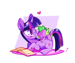 Size: 900x751 | Tagged: safe, artist:ipun, spike, twilight sparkle, dragon, pony, g4, blushing, book, dragons riding ponies, heart eyes, prone, riding, simple background, sleeping, spike riding twilight, spikelove, white background, wingding eyes