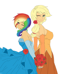 Size: 2400x3000 | Tagged: safe, artist:magico-enma, applejack, rainbow dash, human, g4, back to back, bouquet, breast size difference, clothes, dress, evening gloves, female, gloves, high res, holding hands, humanized, lesbian, long gloves, looking at you, one eye closed, rainbow dash always dresses in style, ship:appledash, shipping, simple background, smiling, wedding dress, white background, wink