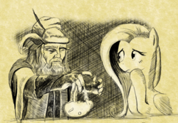 Size: 1812x1256 | Tagged: safe, artist:sirustalcelion, fluttershy, hedgehog, human, pegasus, pony, g4, crossover, duo, female, healing, lord of the rings, magic, mare, monochrome, radagast, shipping, the hobbit, worried