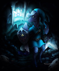 Size: 1658x2000 | Tagged: safe, artist:bazibalba, princess luna, anthro, plantigrade anthro, g4, cave, crossover, hoers, link, navi, s1 luna, shield, sword, the legend of zelda, tunic, weapon