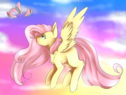 Size: 1024x775 | Tagged: safe, artist:clariehart, fluttershy, butterfly, g4, female, flying, missing cutie mark, solo