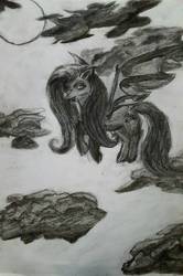 Size: 1060x1601 | Tagged: safe, artist:givewingstohope, artist:midnightxfoxxrider, fluttershy, bat pony, pony, g4, charcoal (medium), flutterbat, monochrome, night, race swap, traditional art