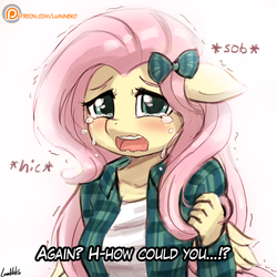Size: 750x750 | Tagged: safe, artist:lumineko, fluttershy, pegasus, anthro, g4, blushing, clothes, crying, cute, dialogue, female, gdq, hair bow, looking at you, open mouth, patreon, patreon logo, set:fluttershy games done quick, sgdq, shirt, shyabetes, simple background, solo, white background