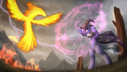 Size: 3000x1687 | Tagged: safe, artist:blackligerth, trixie, phoenix, pony, g4, bipedal, fire, lightning, magic, magic circle