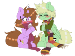 Size: 400x300 | Tagged: safe, artist:doodlehorse, oc, oc only, oc:doodle, oc:thespian script, blushing, chocolate, clothes, doodlescript, female, food, hot chocolate, male, oc x oc, scarf, shipping, straight