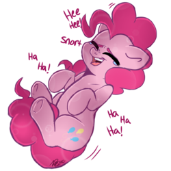 Size: 894x894 | Tagged: safe, artist:doodlehorse, pinkie pie, earth pony, pony, g4, crying, cute, diapinkes, female, laughing, on back, onomatopoeia, open mouth, solo, sound effects, tears of laughter, teary eyes