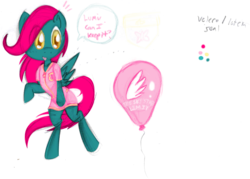 Size: 1178x844 | Tagged: safe, artist:retl, oc, oc only, oc:air heart, butterfly, fallout equestria, balloon, color palette, solo, speech bubble, surprised, that pony sure does love balloons, wings