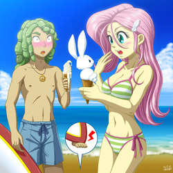 Size: 1200x1200 | Tagged: safe, artist:uotapo, angel bunny, fluttershy, sandalwood, human, rabbit, equestria girls, g4, adorasexy, angelbetes, beach, belly button, bikini, blushing, breasts, busty fluttershy, cleavage, clothes, colored pupils, cute, dessert, feet, female, food, ice cream, jewelry, male, male nipples, melting, midriff, necklace, nipples, ocean, open mouth, sandalshy, sexy, shorts, shyabetes, striped swimsuit, surfboard, surprised, swimsuit, toenails, topless, tricolor swimsuit, uotapo is trying to murder us