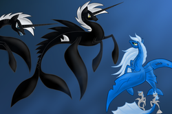 Size: 3376x2248 | Tagged: safe, artist:vitannyy, oc, oc only, hippocampus, merpony, dorsal fin, eye contact, fish tail, flowing mane, flowing tail, foal, frown, glare, horn, long horn, looking at each other, mother, ocean, open mouth, predator, sharp teeth, swimming, tail, teeth, underwater, water, wide eyes