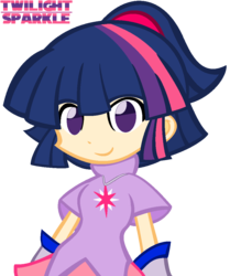 Size: 910x1086 | Tagged: dead source, safe, artist:ikuntyphoon, twilight sparkle, human, g4, arle nadja, clothes, cute, cutie mark on clothes, female, humanized, multicolored hair, ponytail, puyo puyo, puyo puyo artstyle, puyo puyoified, short hair, simple background, skirt, smiling, solo, transparent background