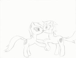 Size: 1024x791 | Tagged: safe, artist:samaru163, oc, oc only, oc:aurora borealis, oc:heartbreak, earth pony, pony, branding, drawing, duo, female, heart, hoof hold, human in equestria, human to pony, kissing, male to female, mare, messy mane, monochrome, my little heartbreak, rule 63, shocked, surprise kiss, surprised, traditional art