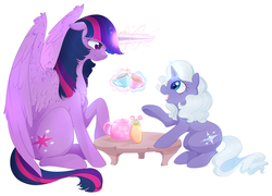 Size: 929x670 | Tagged: safe, artist:aidapone, twilight sparkle, oc, alicorn, pony, g4, descendant, female, filly, magic, older, older twilight, tea party, twilight sparkle (alicorn)