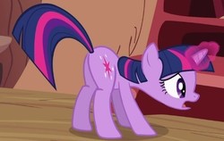 Size: 476x300 | Tagged: safe, screencap, twilight sparkle, pony, unicorn, g4, lesson zero, butt, cropped, female, glowing horn, horn, mare, open mouth, plot, twibutt, unicorn twilight