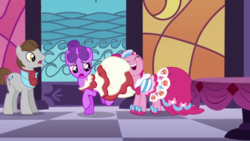 Size: 640x360 | Tagged: safe, screencap, north star, pinkie pie, pony, g4, the best night ever, clothes, dress, gala dress, grand galloping gala, personal space invasion