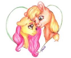 Size: 447x362 | Tagged: safe, artist:skior, applejack, fluttershy, pony, g4, bust, eye contact, female, floppy ears, heart, lesbian, looking at each other, mare, ship:appleshy, shipping, smiling, traditional art