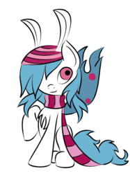 Size: 374x500 | Tagged: safe, artist:lelazybeamy, oc, oc only, oc:luki caelum, mothpony, original species, antennae, beanie, chest fluff, clothes, colored, cute, hat, male, pigtails, raised hoof, scarf, sitting, smirk, solo, stallion, stripes, wings