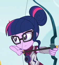 Size: 486x540 | Tagged: safe, screencap, applejack, sci-twi, twilight sparkle, equestria girls, friendship games, g4, animated, archery, arrow, bow (weapon), bow and arrow, cropped, crying, female, solo focus, weapon