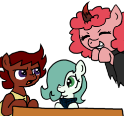 Size: 640x600 | Tagged: safe, artist:ficficponyfic, color edit, edit, oc, oc only, oc:emerald jewel, oc:pipadeaxkor, oc:ruby rouge, demon, demon pony, earth pony, ghost, pony, colt quest, angry, bandana, color, colored, colt, cute, evil, eyes closed, fangs, female, femboy, filly, giggling, grin, horn, male, smiling, table, tomboy