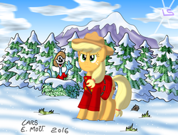 Size: 2884x2190 | Tagged: safe, artist:lars99, applejack, g4, clothes, crossover, high res, mountain, mountie, snow, tree, uniform, yoink! of the yukon